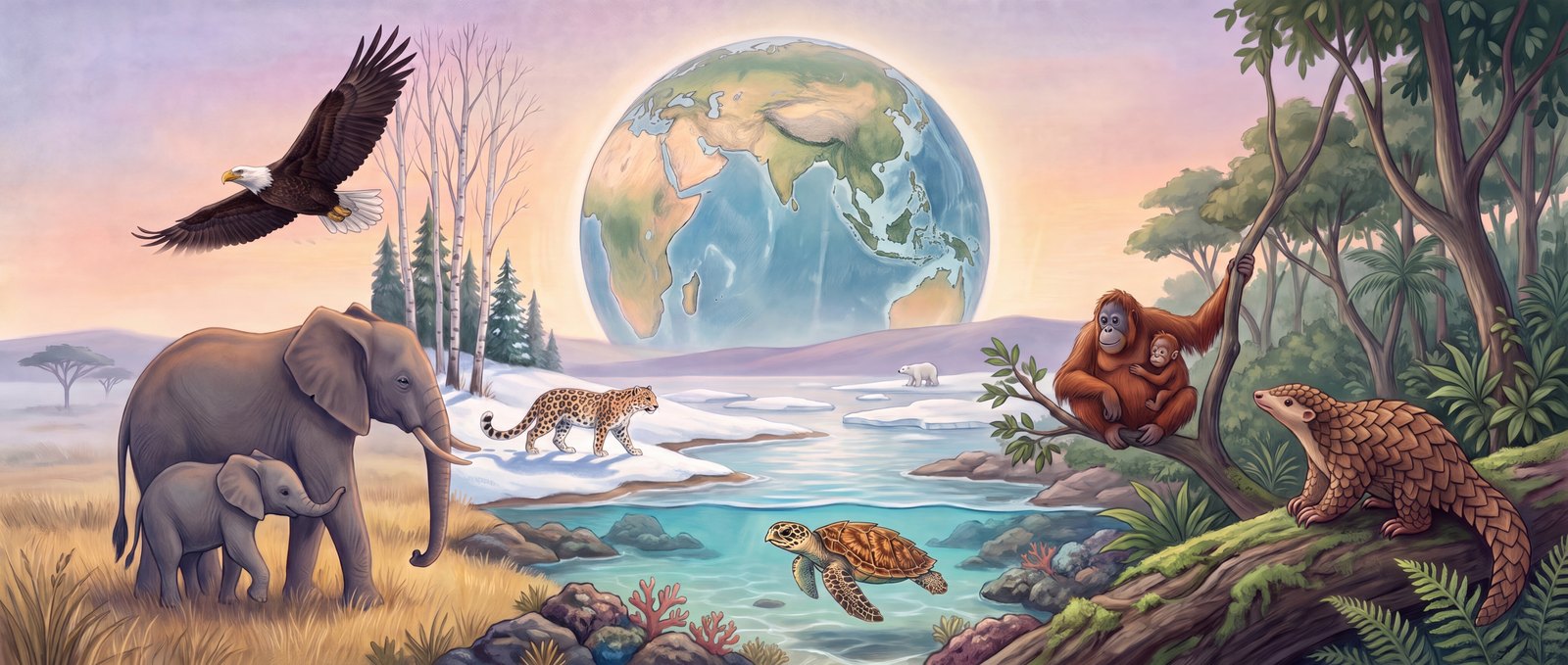 A dawn lagoon under a great globe, ringed by wild animals from around the world, many of them endangered: two African bush elephants, a bald eagle, an Amur leopard on the snow, a polar bear on the ice, a hawksbill turtle swimming, a Sumatran orangutan with her baby, and Bayu the pangolin