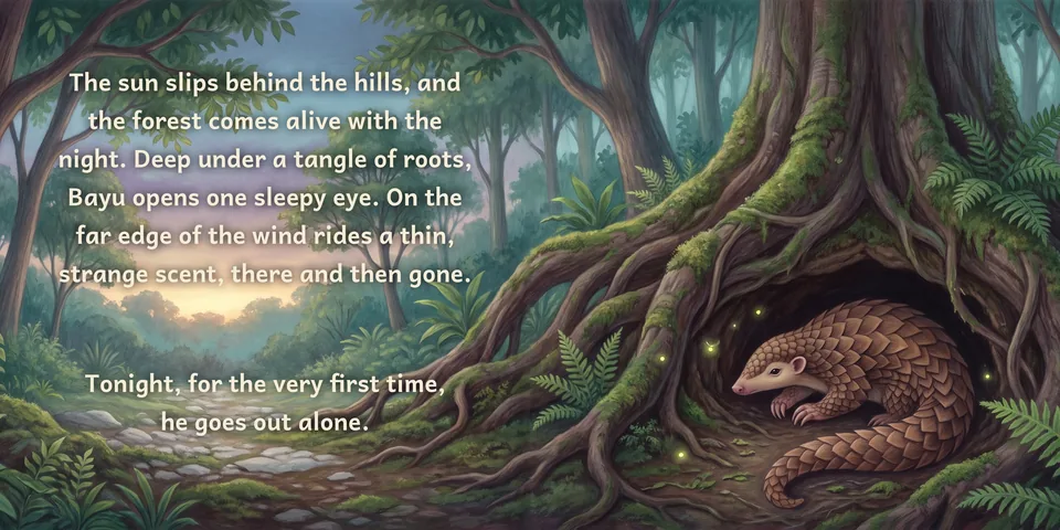 Bayu wakes in his burrow under the roots of a great tree as the forest grows dark. The words read: The sun slips behind the hills, and the forest comes alive with the night. Deep under a tangle of roots, Bayu opens one sleepy eye. On the far edge of the wind rides a thin, strange scent, there and then gone. Tonight, for the very first time, he goes out alone.