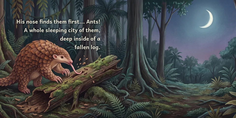 Bayu licks ants from a mossy fallen log under a crescent moon. The words read: His nose finds them first… Ants! A whole sleeping city of them, deep inside of a fallen log.