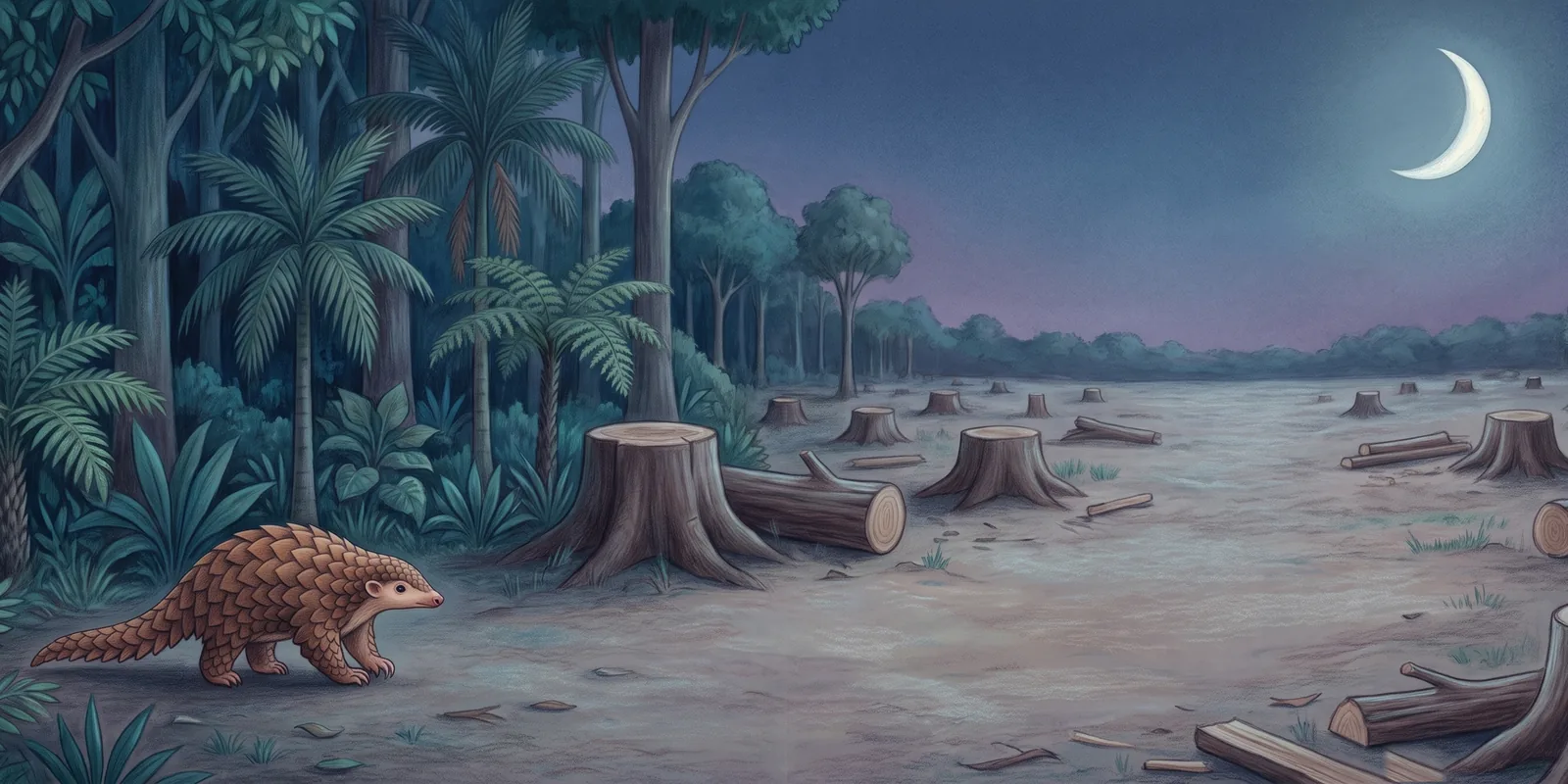 Bayu stands at the edge of the trees, looking out over a cleared field of stumps under a crescent moon.
