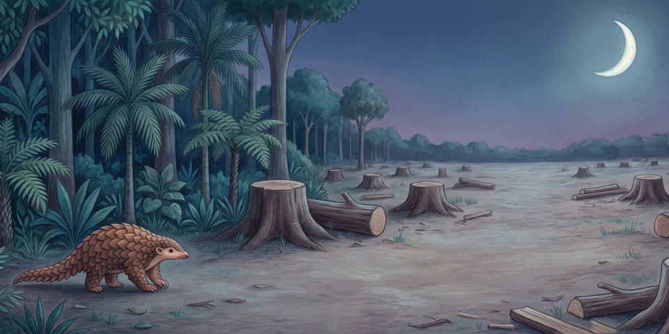 Bayu stands at the edge of the trees, looking out over a cleared field of stumps under a crescent moon.