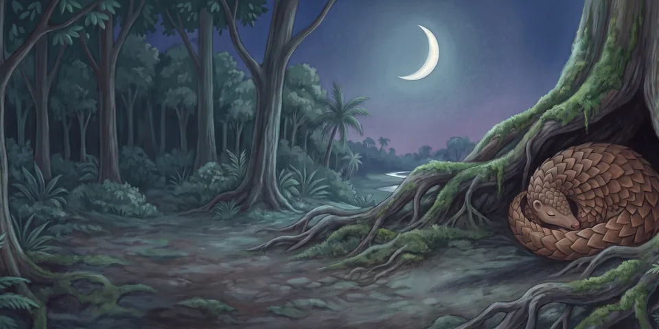Bayu curled up asleep in a hollow among old tree roots as the night sky softens.