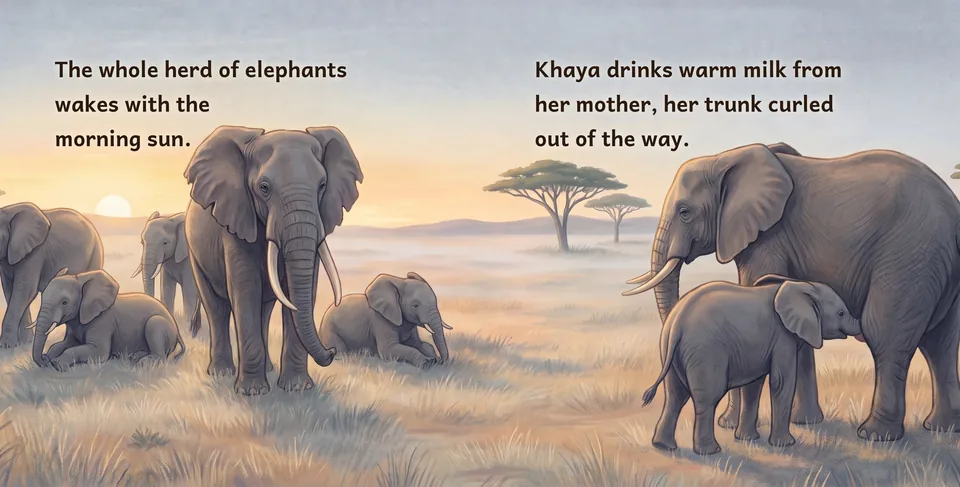 An elephant herd wakes on the savanna at sunrise while little Khaya drinks milk from her mother. The words read: The whole herd of elephants wakes with the morning sun. Khaya drinks warm milk from her mother, her trunk curled out of the way.