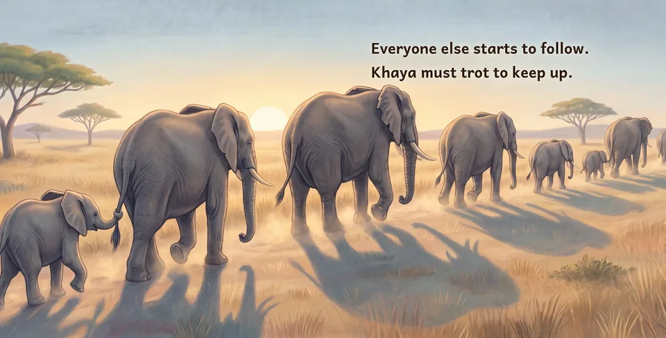 The matriarch leads the herd in a long line across the dusty grassland, with Khaya trotting at the back. The words read: Everyone else starts to follow. Khaya must trot to keep up.