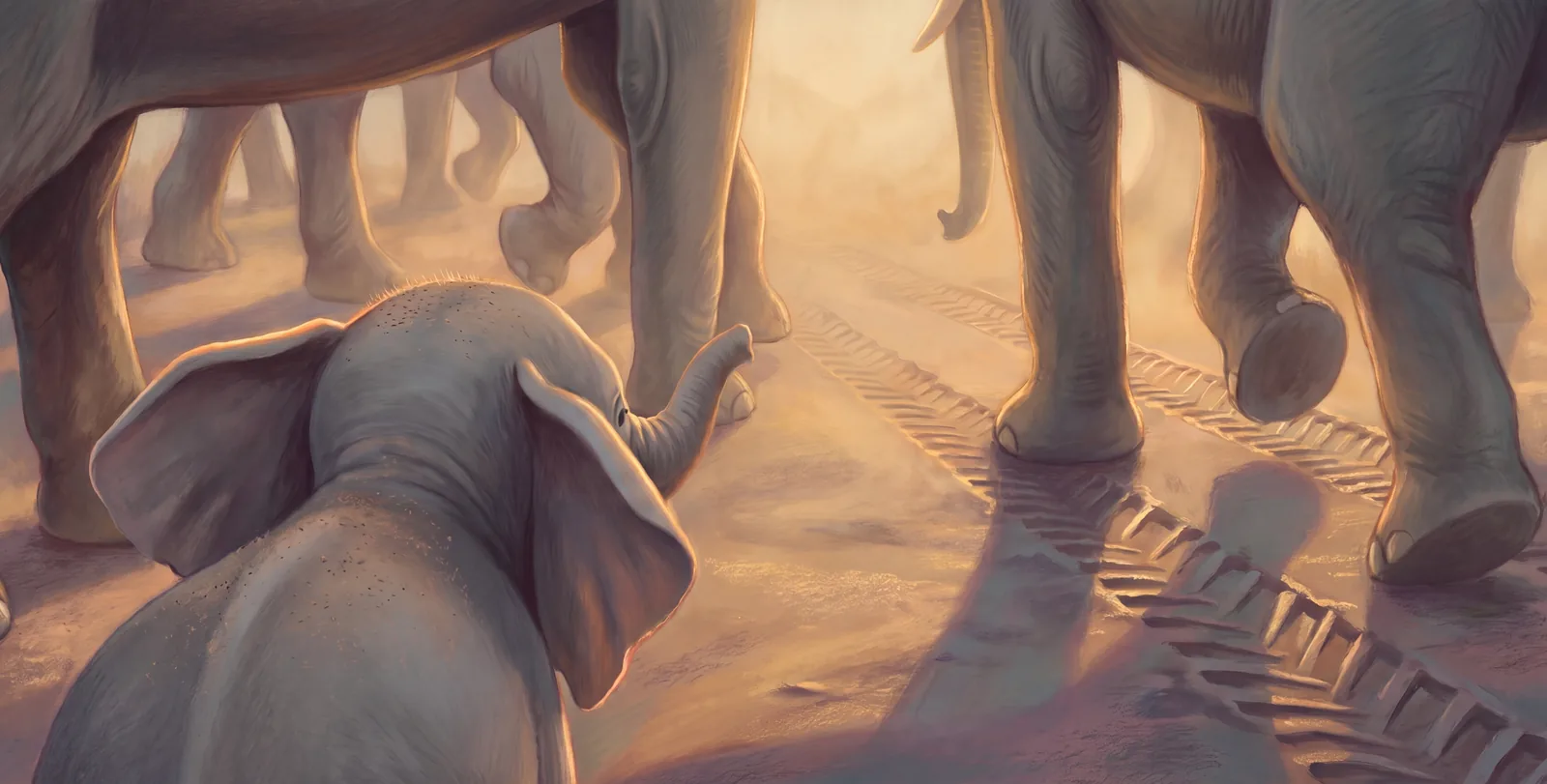 Khaya peeks out between the legs of her family as they walk along a dusty track in the golden light.
