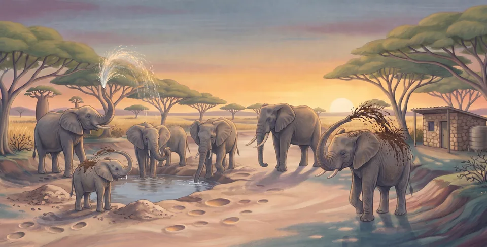 At sunset the herd gathers at a water hole by a ranger hut, spraying water and flinging cool mud over their backs.